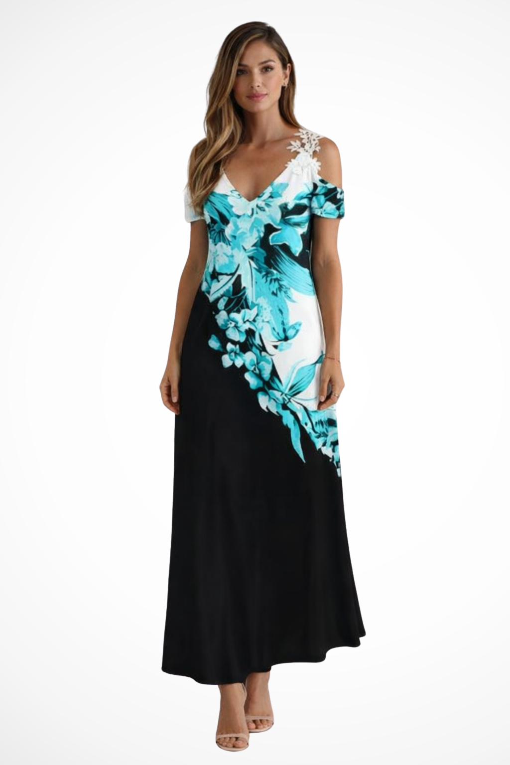 Maxi Kjole – Blomstret Silhuet med Cold-Shoulder Detaljer