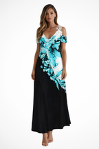 Maxi Kjole – Blomstret Silhuet med Cold-Shoulder Detaljer