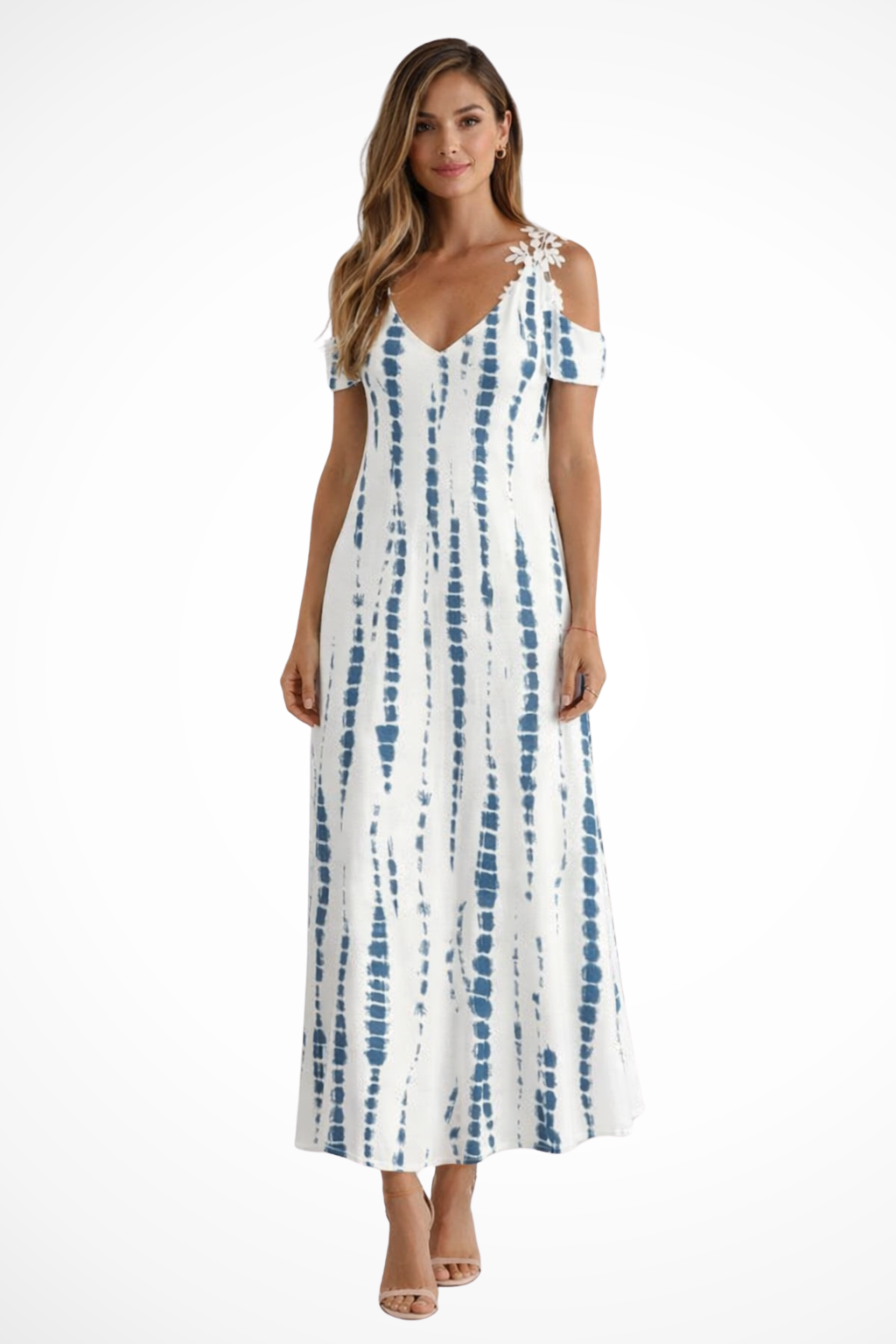 Maxi Kjole – Blomstret Silhuet med Cold-Shoulder Detaljer