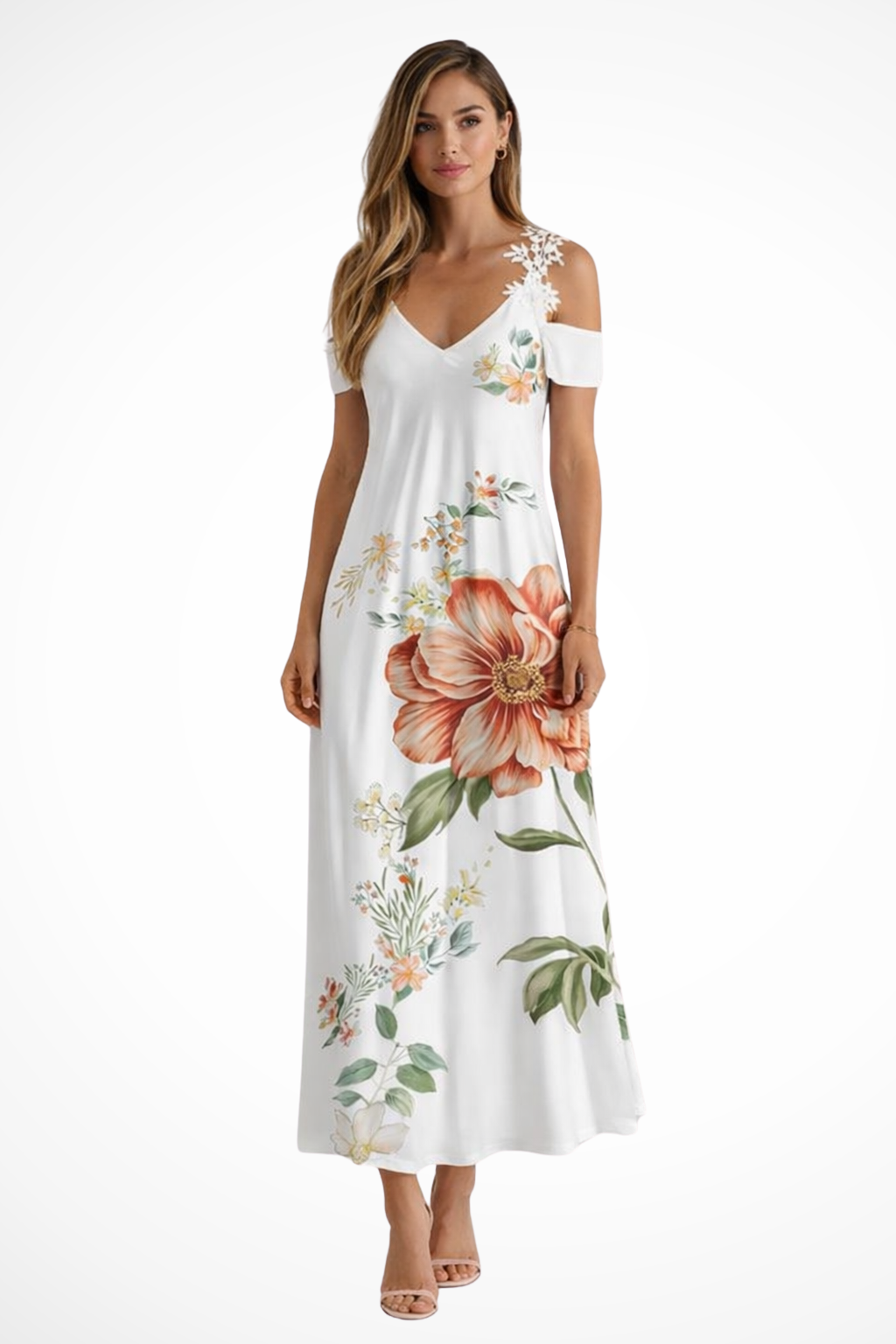Maxi Kjole – Blomstret Silhuet med Cold-Shoulder Detaljer