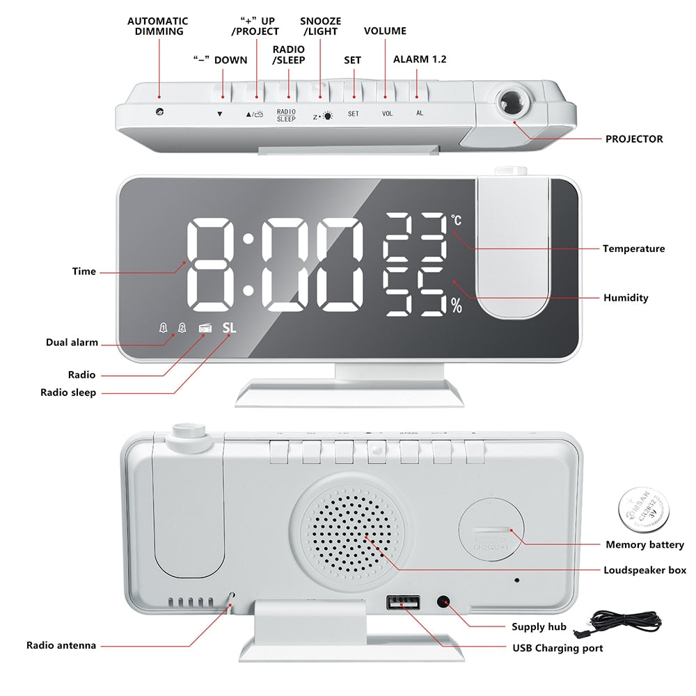 Orologio Alarmur con Display LED - Proiettore a 180° e Caricatore USB