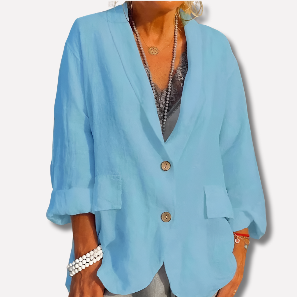 Blazer femme en lin léger avec boutons et manches 3/4