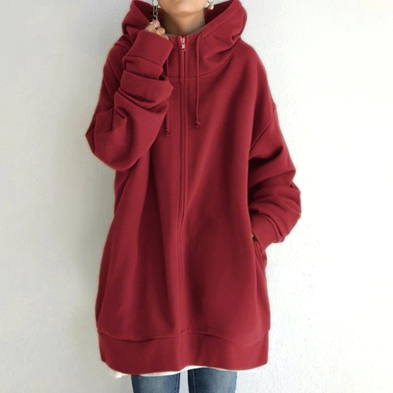 Sudadera oversize para mujer con capucha y cremallera – modelo largo y comodidad informal