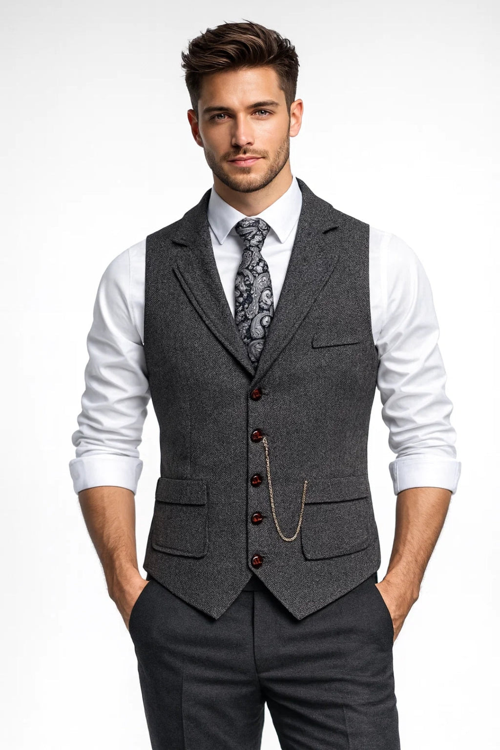Gilet Sartoriale Uomo con Revers e Dettaglio a Catena