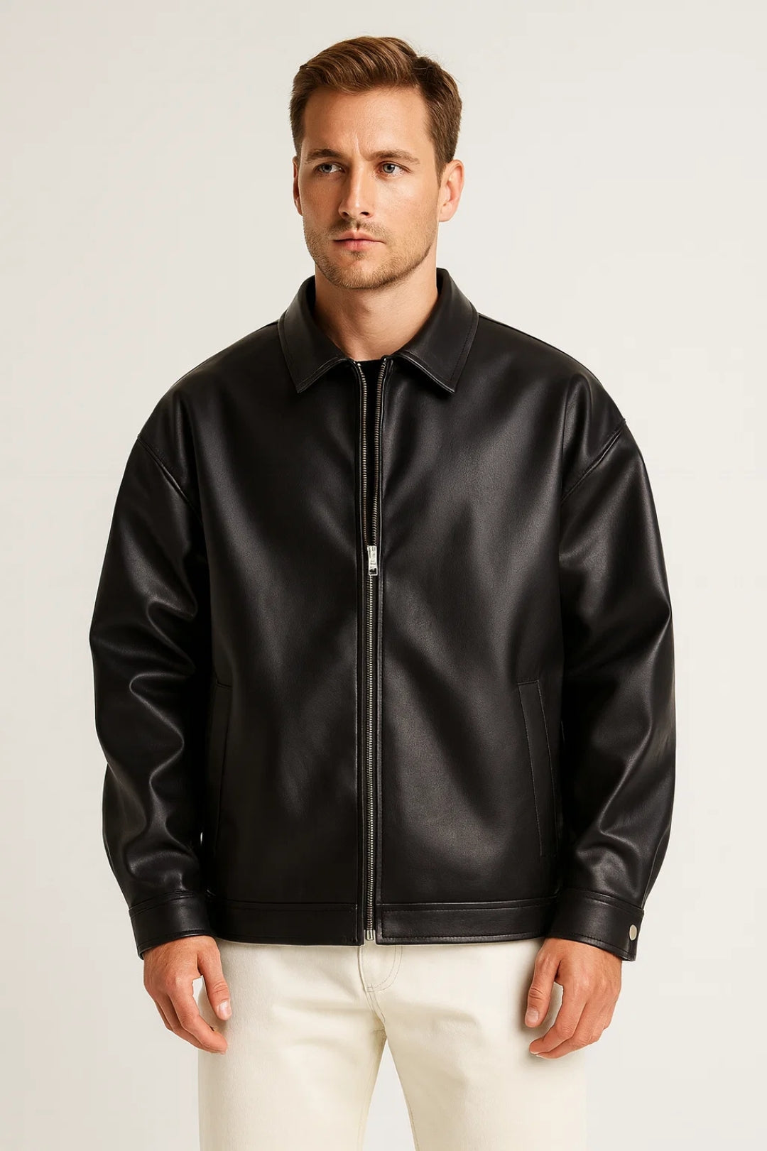 Giacca Biker Oversize Uomo con Zip e Colletto Classico
