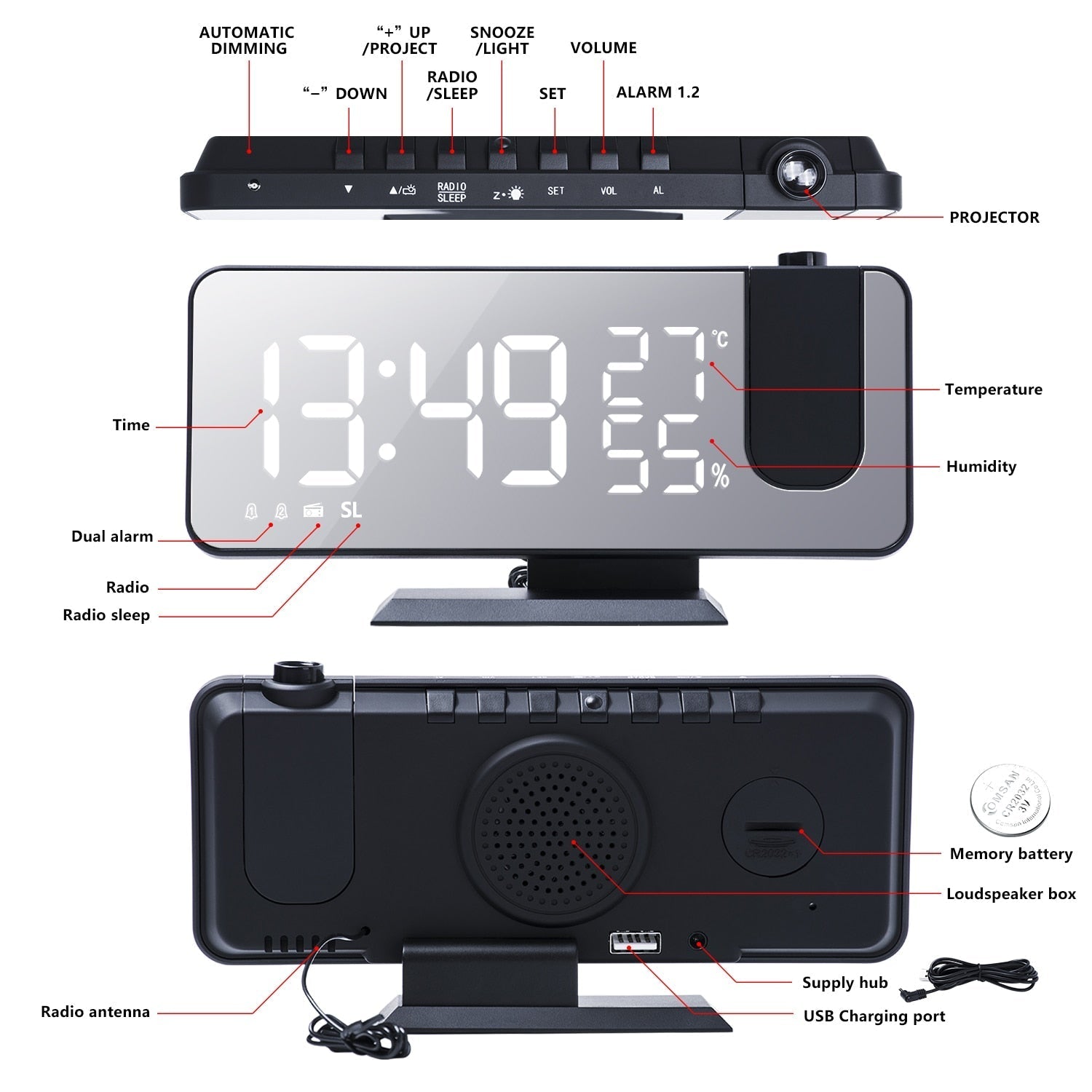 Astronatic | Orologio Sveglia LED Premium con Proiettore a 180° e Caricatore USB