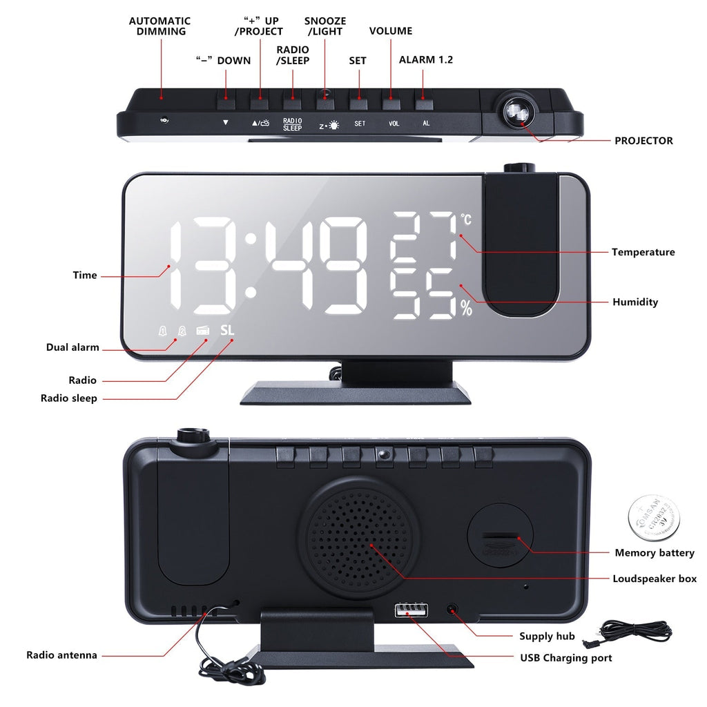 Orologio Alarmur con Display LED - Proiettore a 180° e Caricatore USB