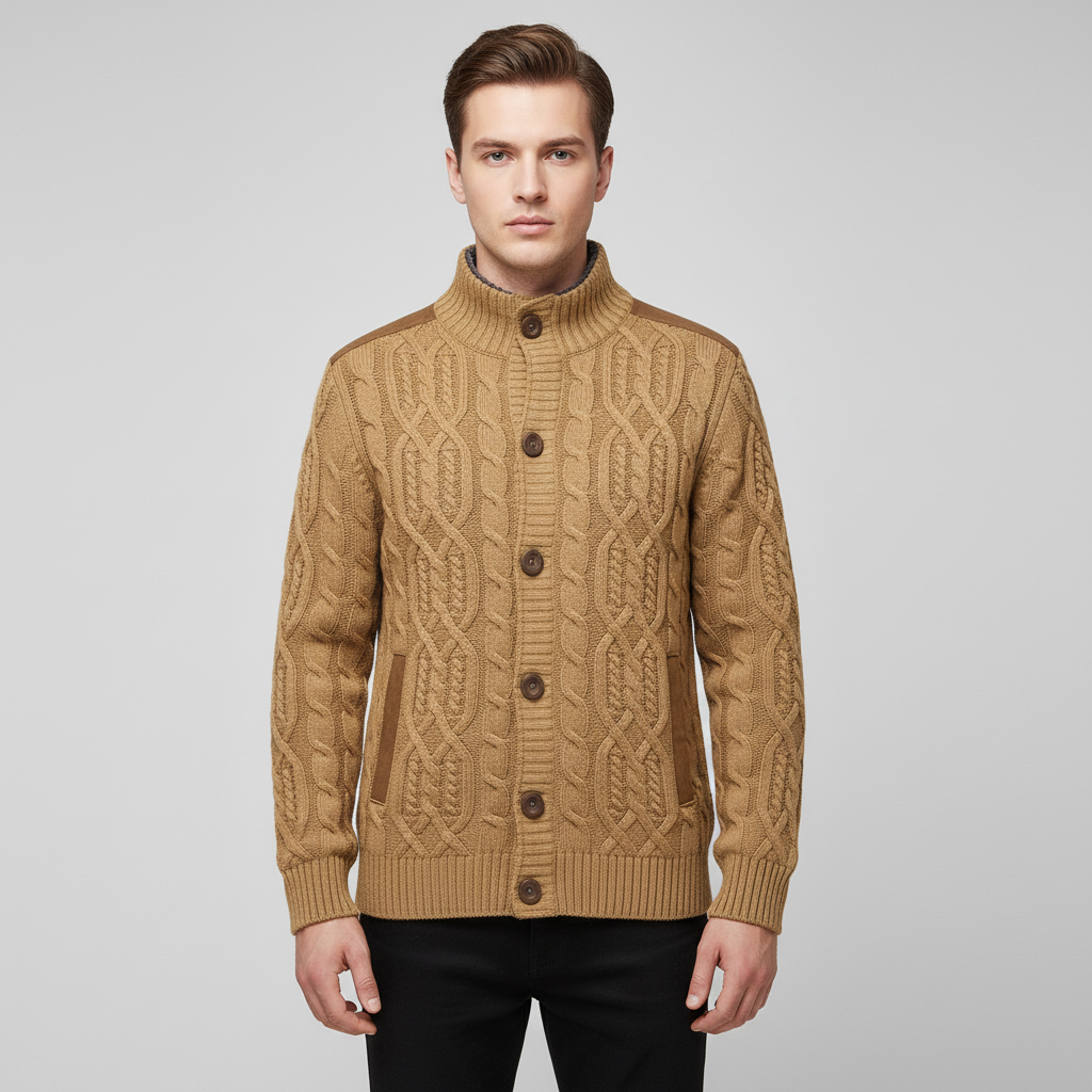 Cardigan Uomo a Trecce con Bottoni e Collo Alto