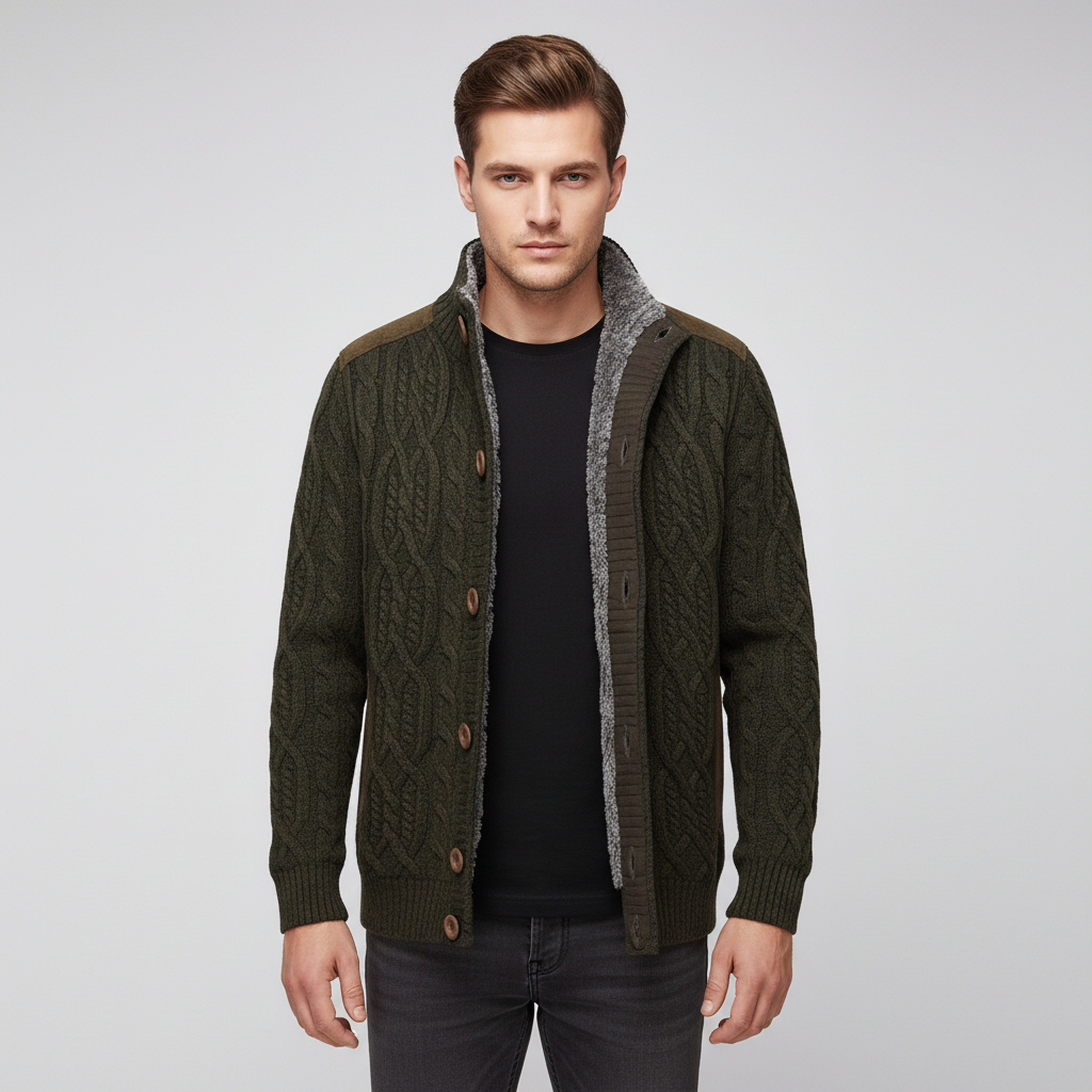 Cardigan Uomo a Trecce con Bottoni e Collo Alto