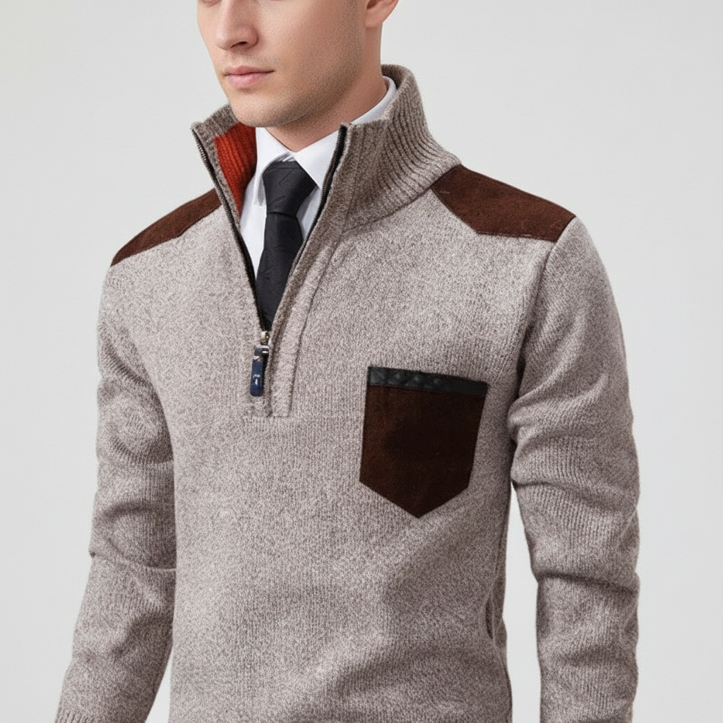 Pull homme en cachemire avec demi-zip et poche poitrine