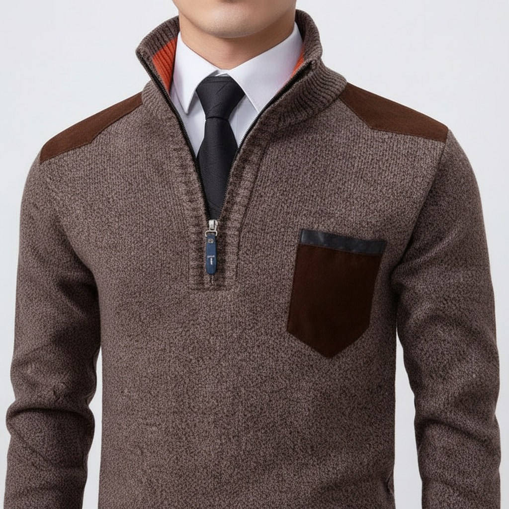 Pull homme en cachemire avec demi-zip et poche poitrine