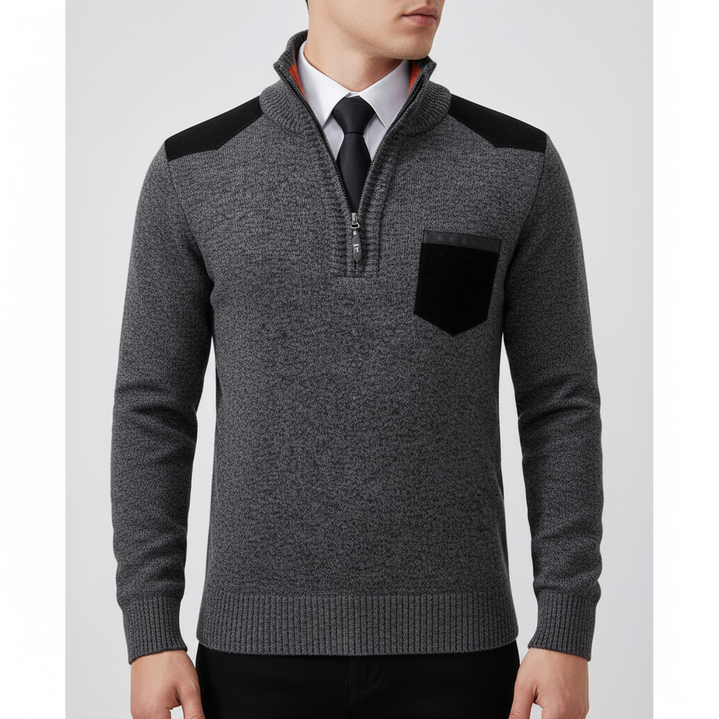 Pull homme en cachemire avec demi-zip et poche poitrine