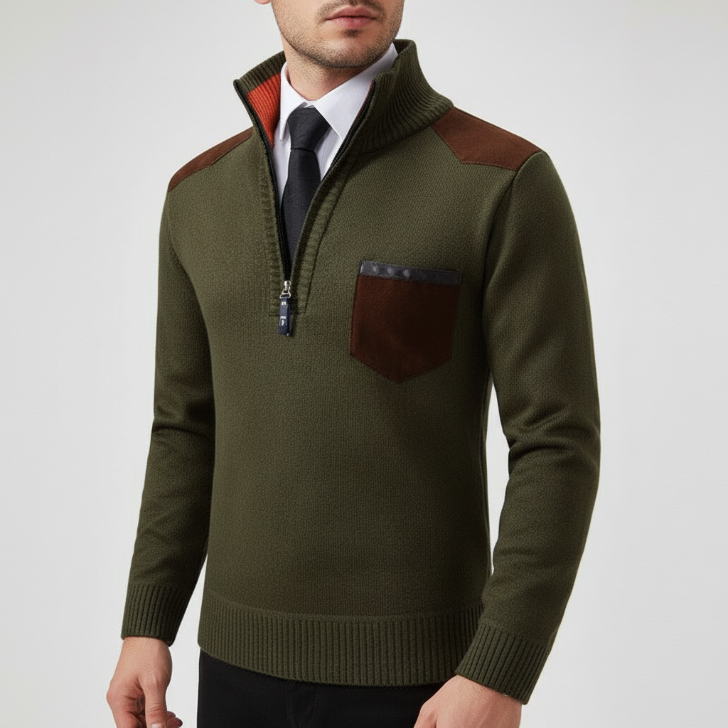 Pull homme en cachemire avec demi-zip et poche poitrine