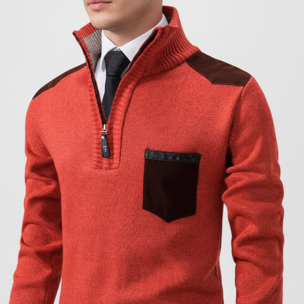 Pull homme en cachemire avec demi-zip et poche poitrine
