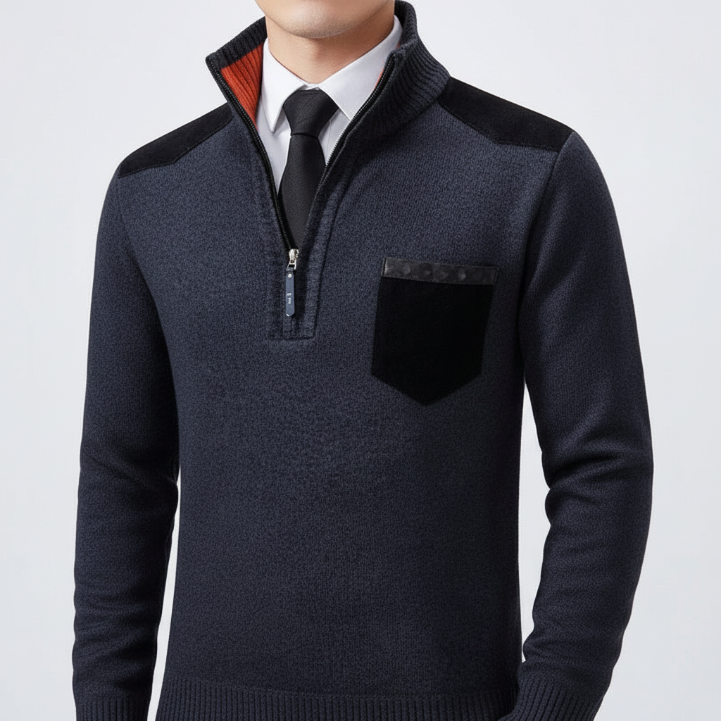 Pull homme en cachemire avec demi-zip et poche poitrine