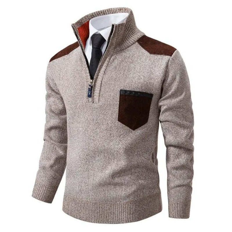 Pull homme en cachemire avec demi-zip et poche poitrine