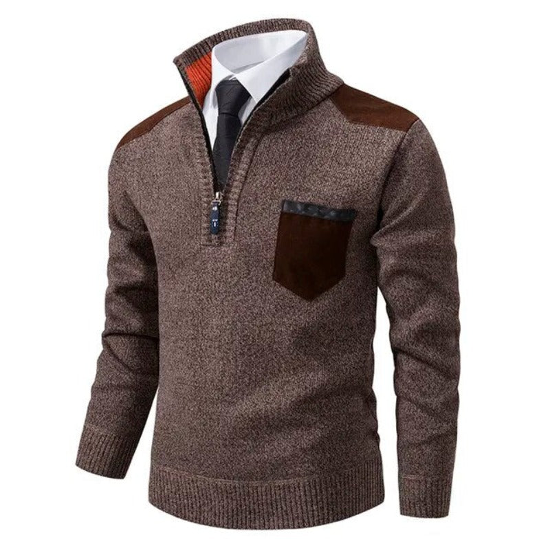 Pull homme en cachemire avec demi-zip et poche poitrine