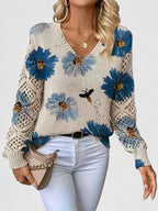 Maglione Donna Traforato con Stampa e Scollo a V
