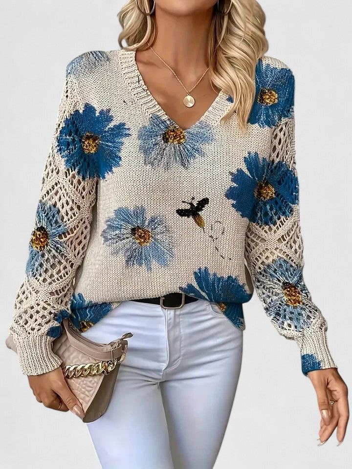 Maglione Donna Traforato con Stampa e Scollo a V