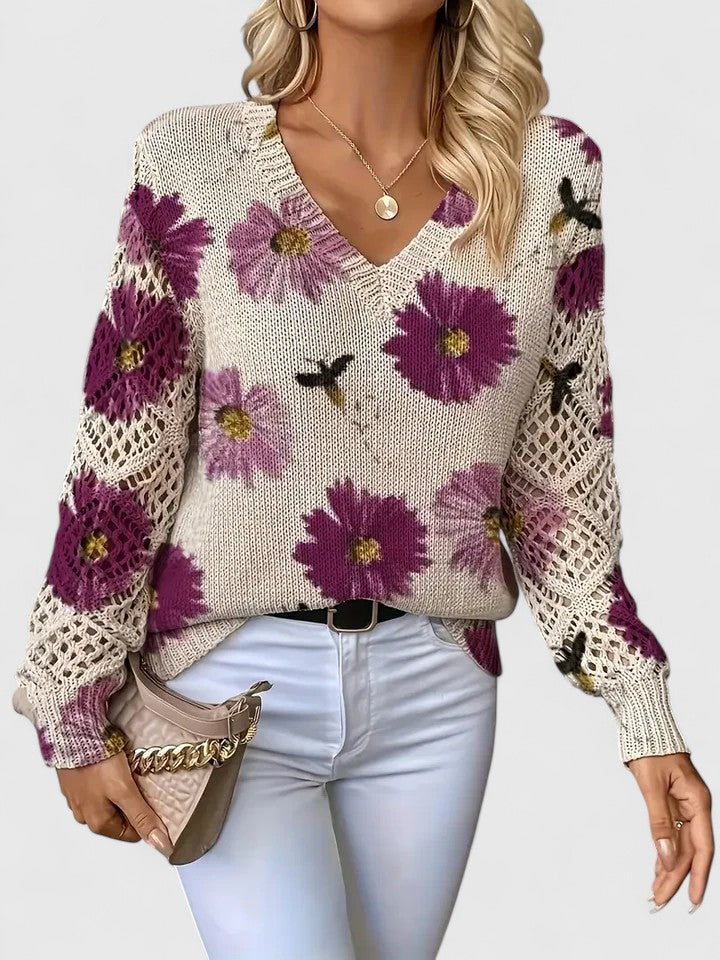 Maglione Donna Traforato con Stampa e Scollo a V