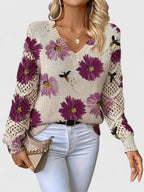 Maglione Donna Traforato con Stampa e Scollo a V