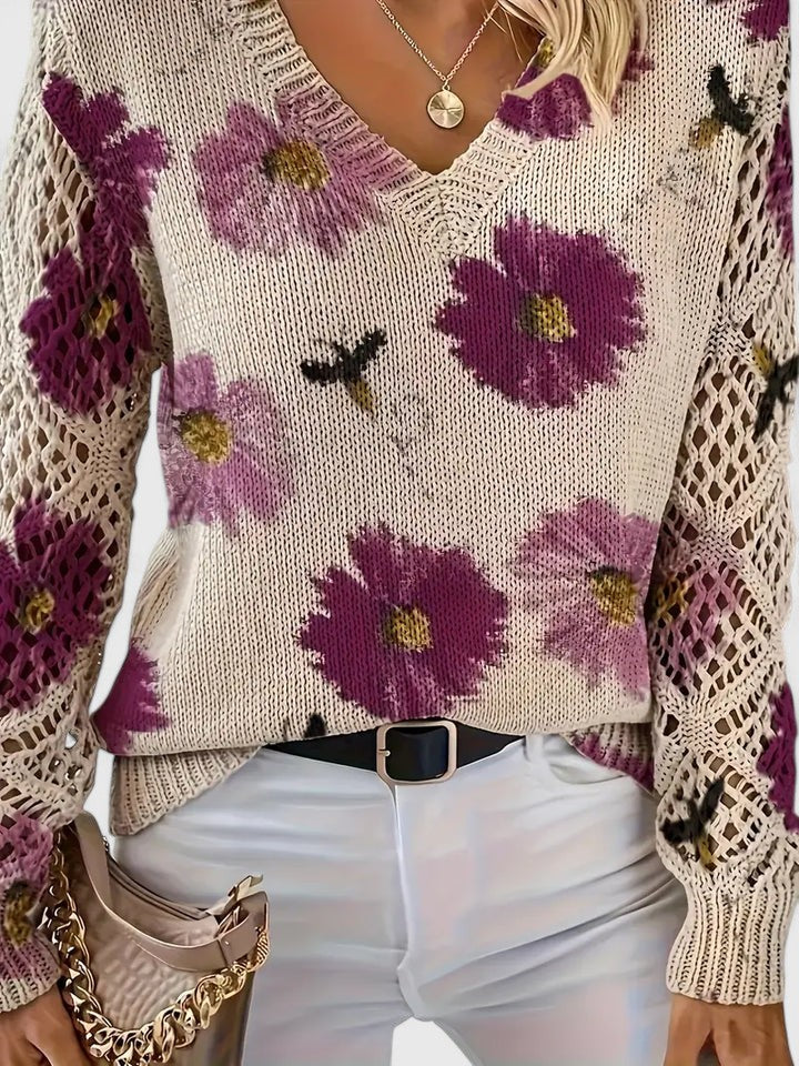 Maglione Donna Traforato con Stampa e Scollo a V