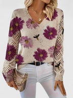 Maglione Donna Traforato con Stampa e Scollo a V