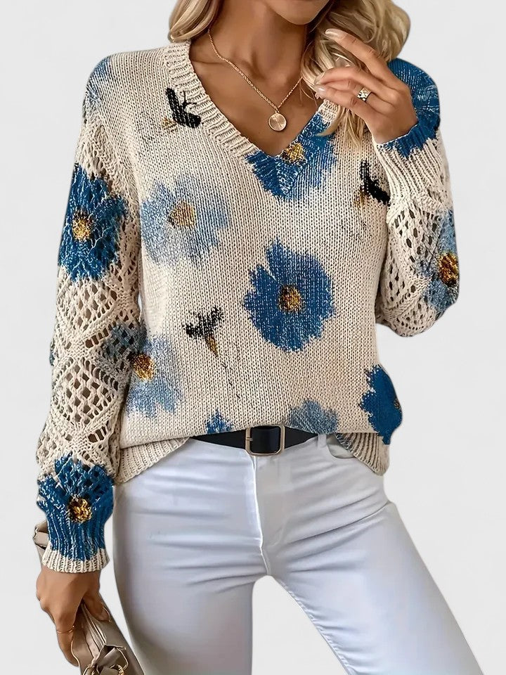 Maglione Donna Traforato con Stampa e Scollo a V