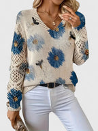 Maglione Donna Traforato con Stampa e Scollo a V
