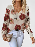 Maglione Donna Traforato con Stampa e Scollo a V