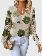 Maglione Donna Traforato con Stampa e Scollo a V