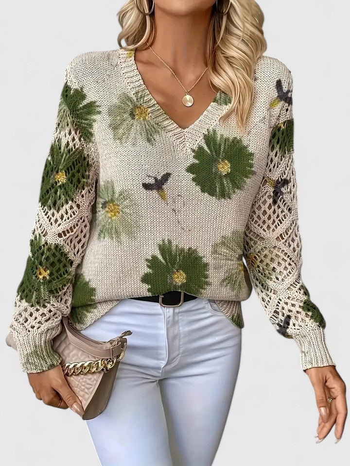 Maglione Donna Traforato con Stampa e Scollo a V