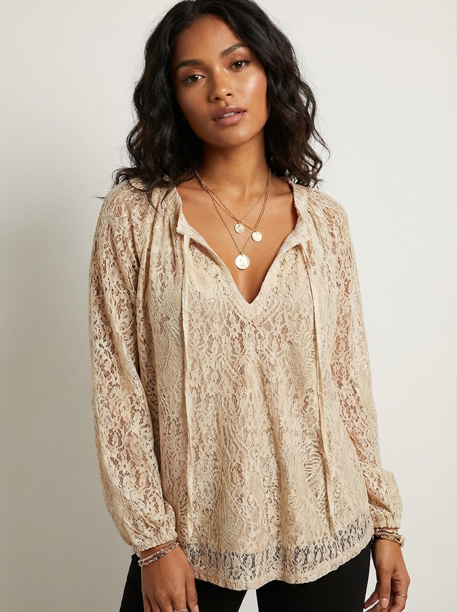 Blusa de mujer de encaje texturizado con lazo en el cuello