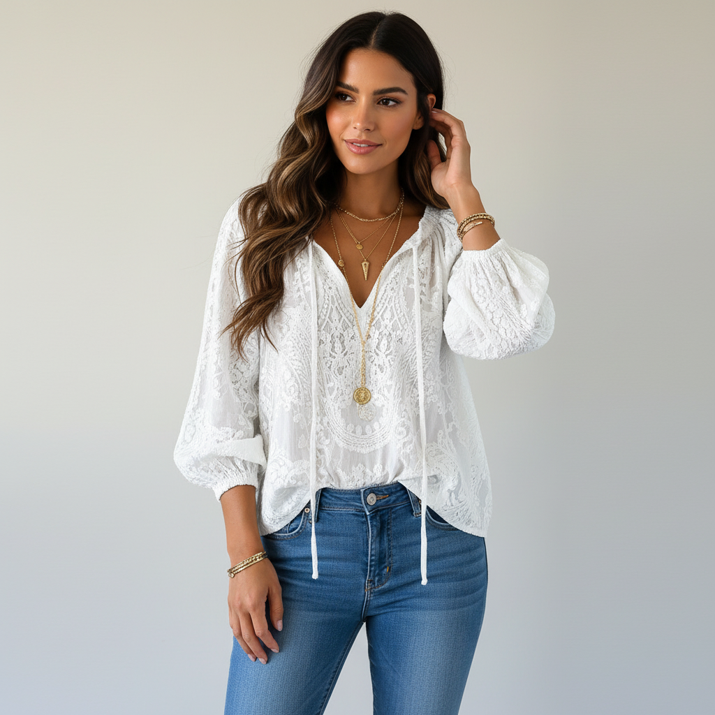 Blusa de mujer de encaje texturizado con lazo en el cuello