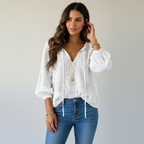 Blusa de mujer de encaje texturizado con lazo en el cuello