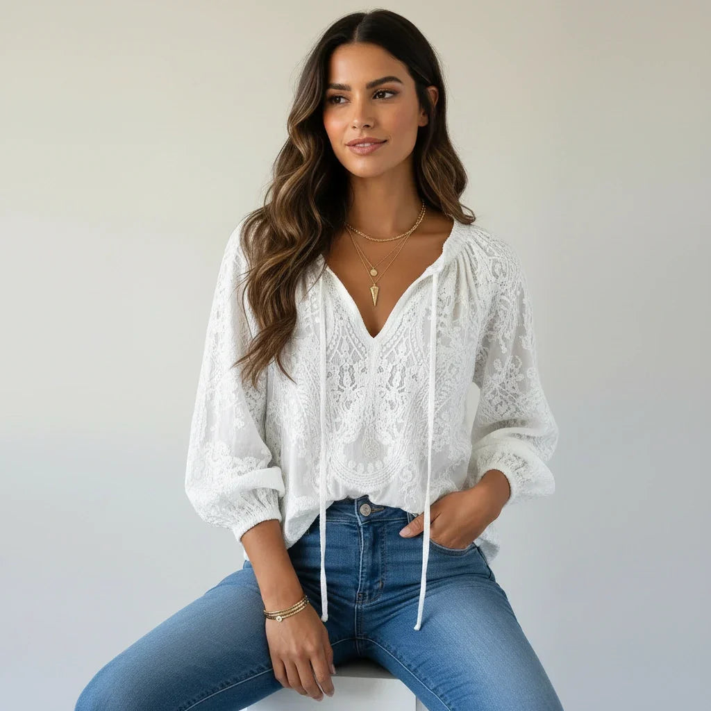 Blusa de mujer de encaje texturizado con lazo en el cuello