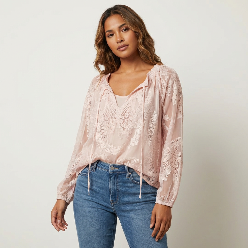 Blusa de mujer de encaje texturizado con lazo en el cuello