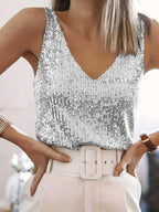 Top femme à paillettes et col en V
