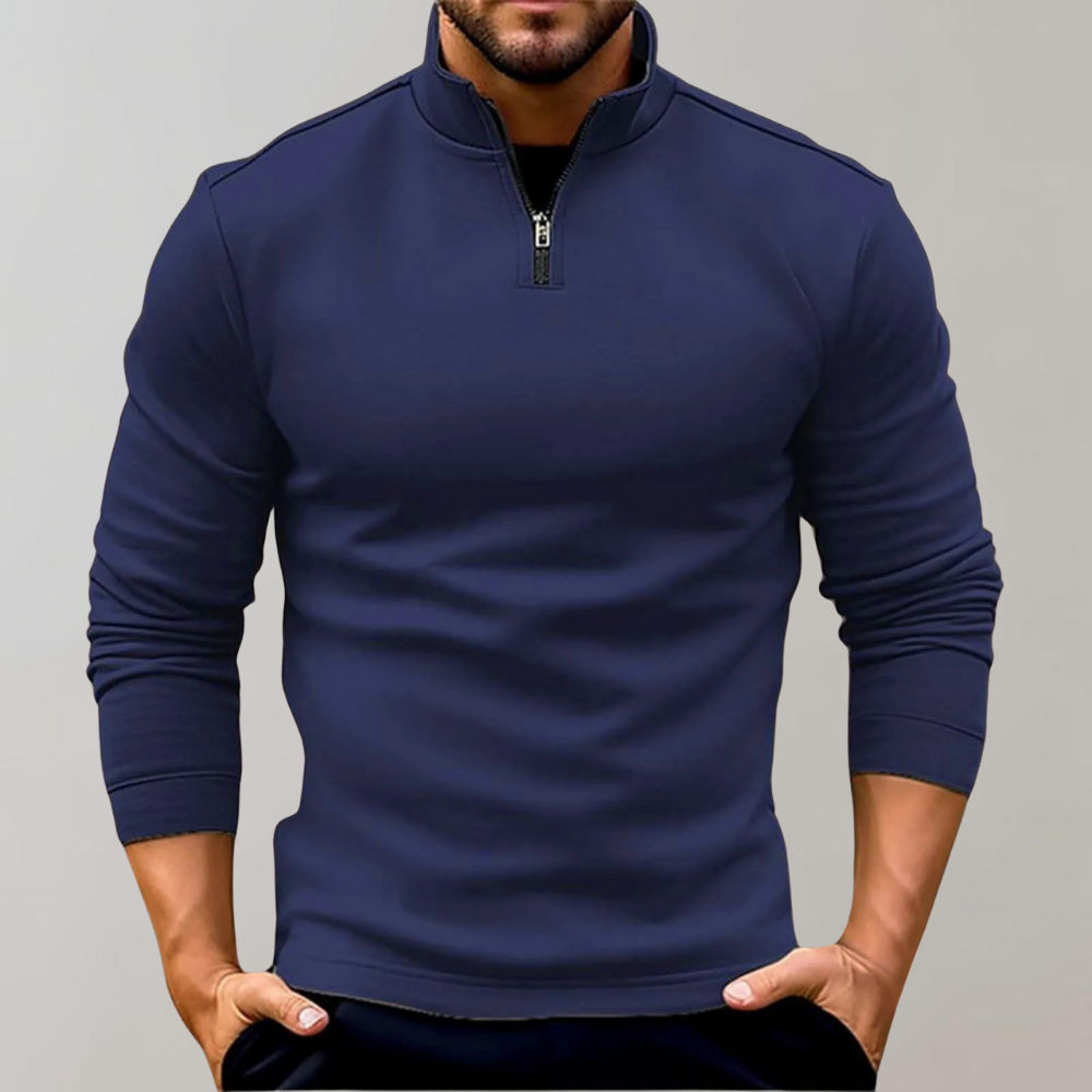 Miesten slim fit -neulepusero puolivetoketjulla ja pitkillä hihoilla