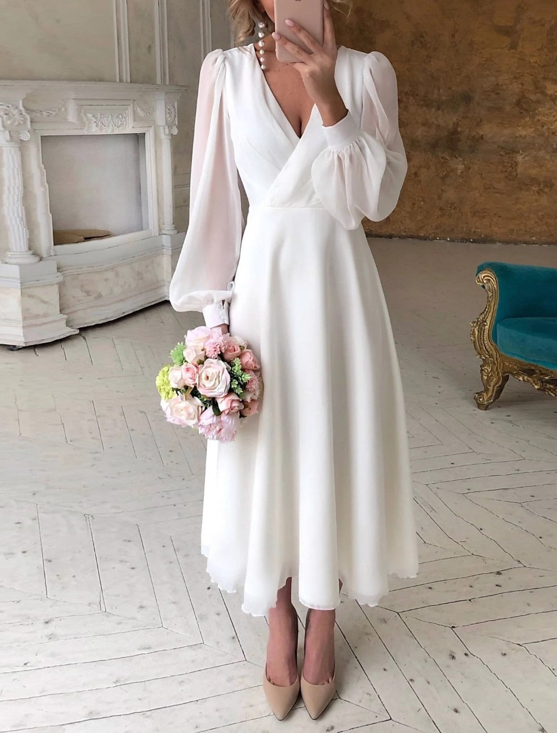 Abito da Sposa Donna Fluido a Maniche Lunghe ANFINITE