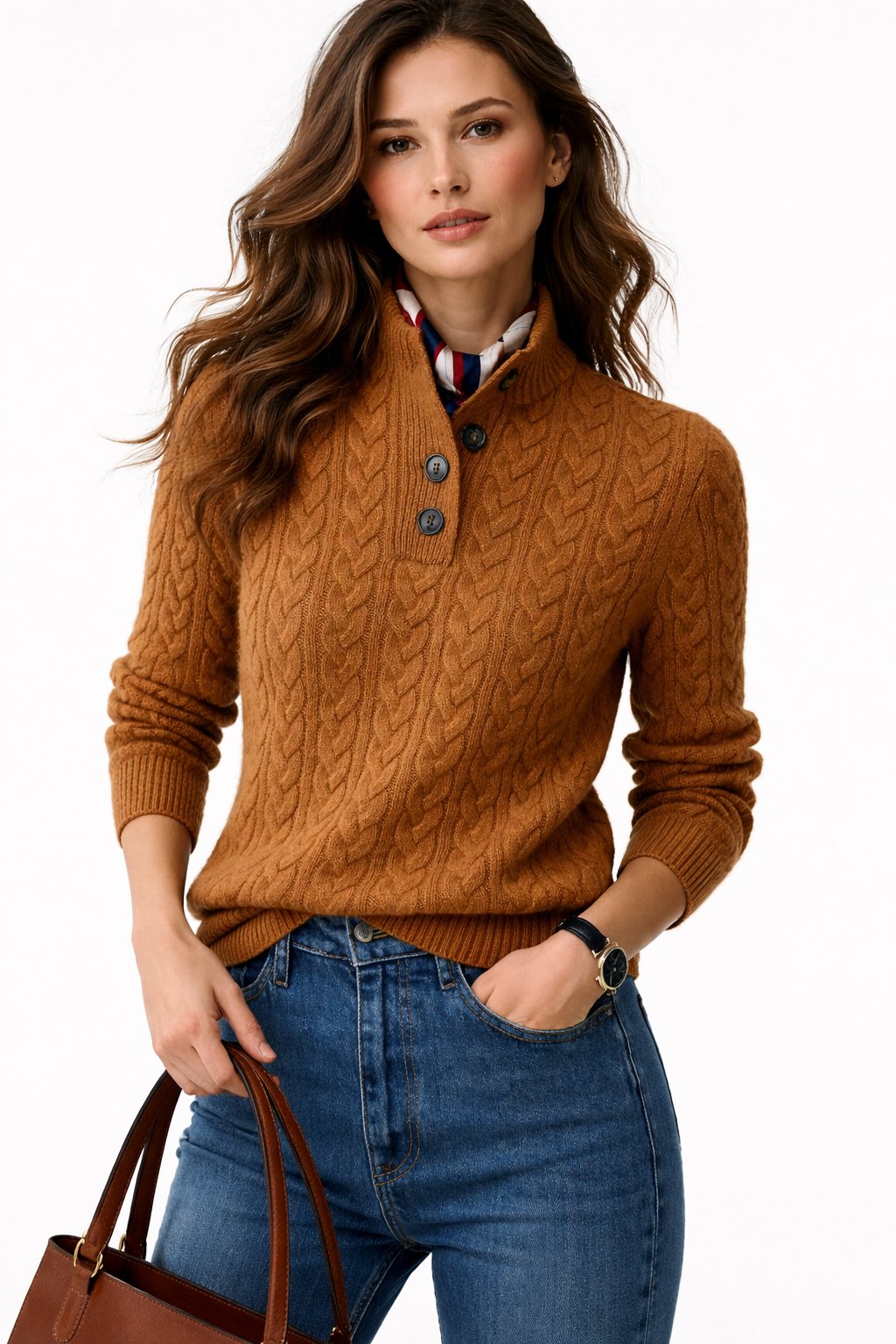 Pull femme en laine mélangée avec col montant et boutons – chaud et élégant pour l’automne et l’hiver