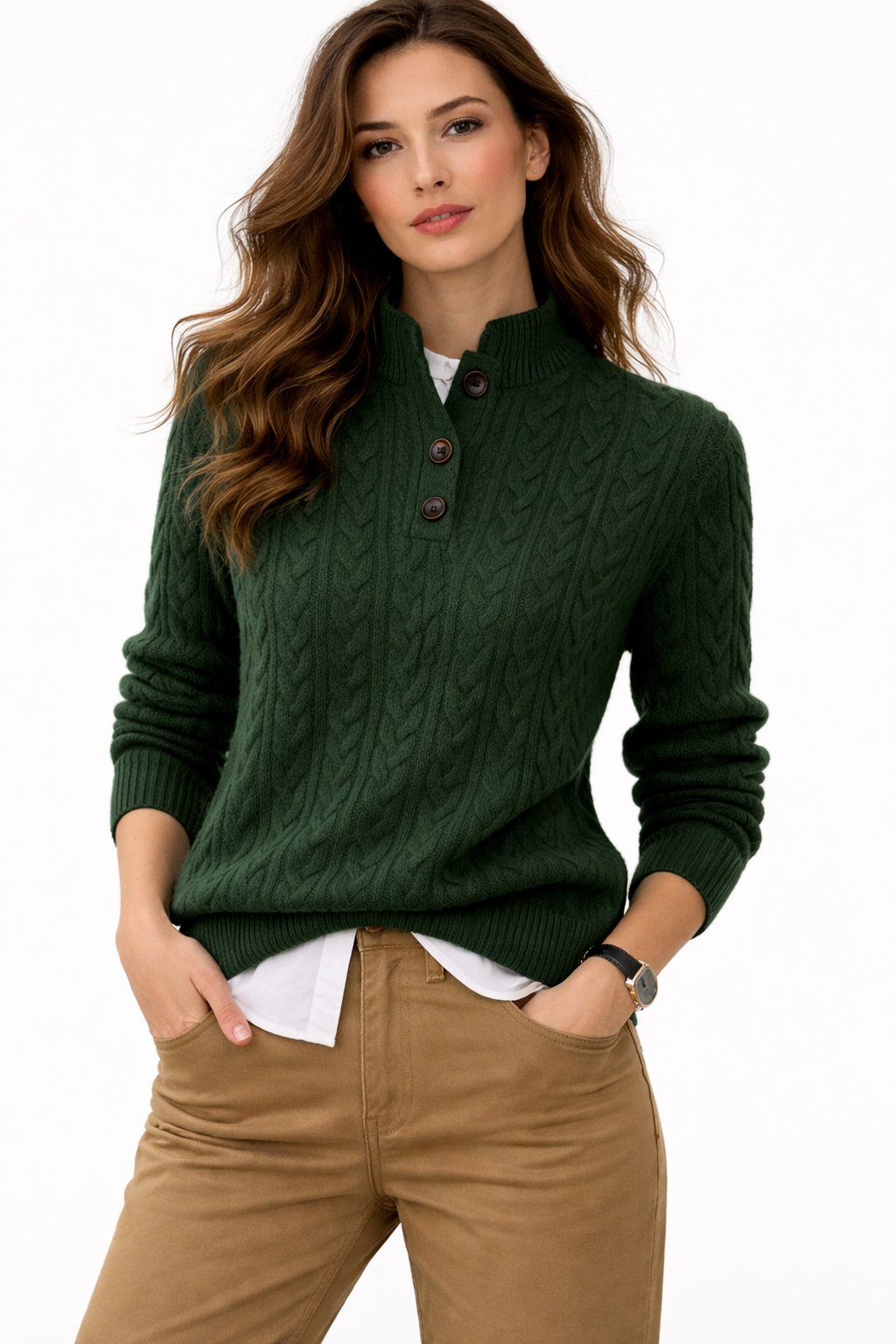 Pull femme en laine mélangée avec col montant et boutons – chaud et élégant pour l’automne et l’hiver