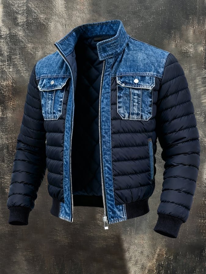 Giacca Puffer Uomo con Inserti in Denim e Taglio Bomber