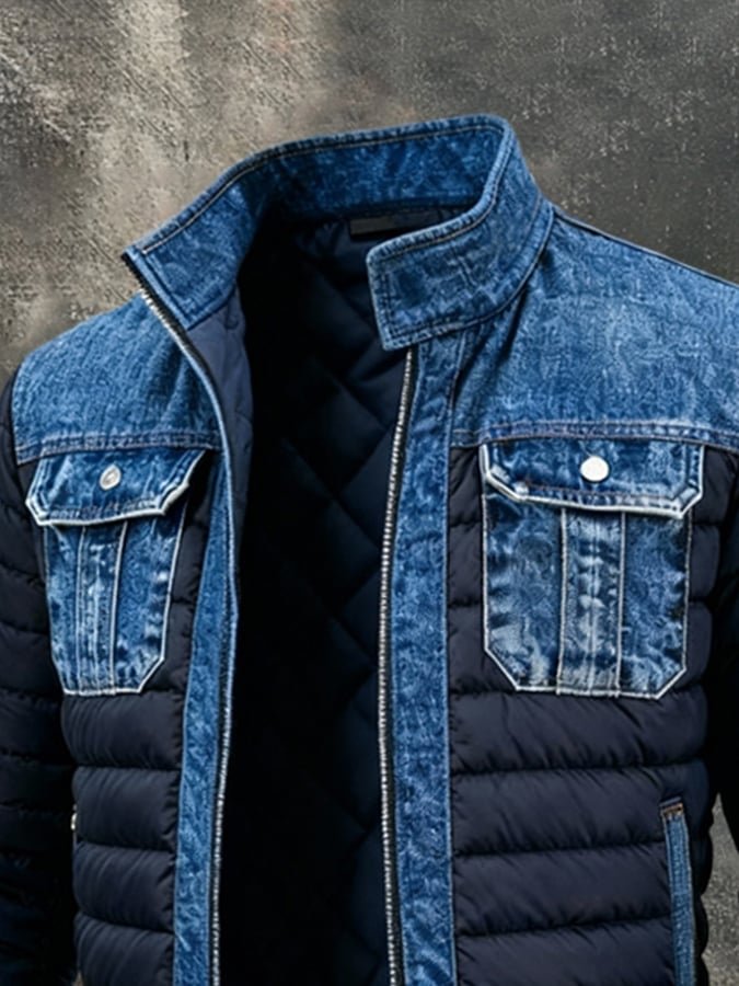 Giacca Puffer Uomo con Inserti in Denim e Taglio Bomber