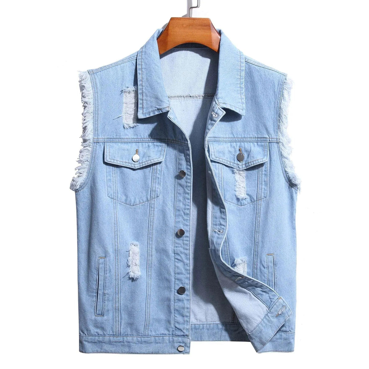 Gilet en jean pour homme sans manches – Denim effet vintage avec détails effilochés