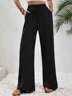 Pantalon palazzo d’été pour femme à taille haute – Modèle léger à jambes larges avec cordon de serrage et poches