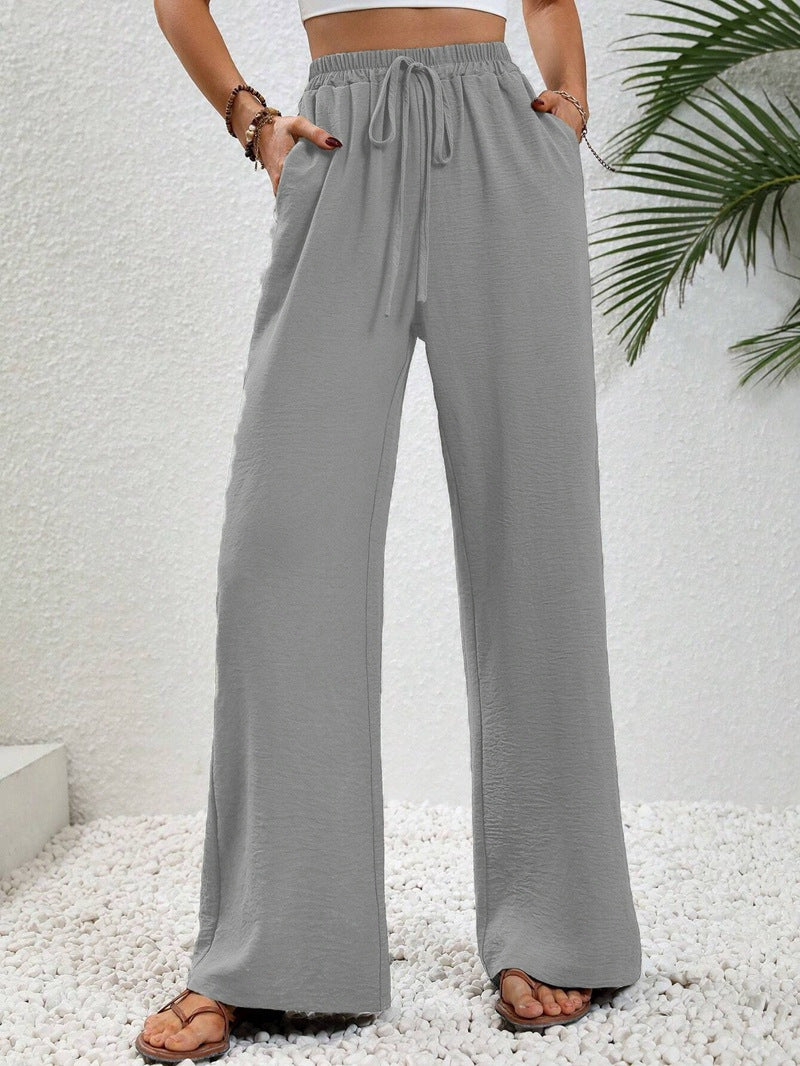Pantalon palazzo d’été pour femme à taille haute – Modèle léger à jambes larges avec cordon de serrage et poches