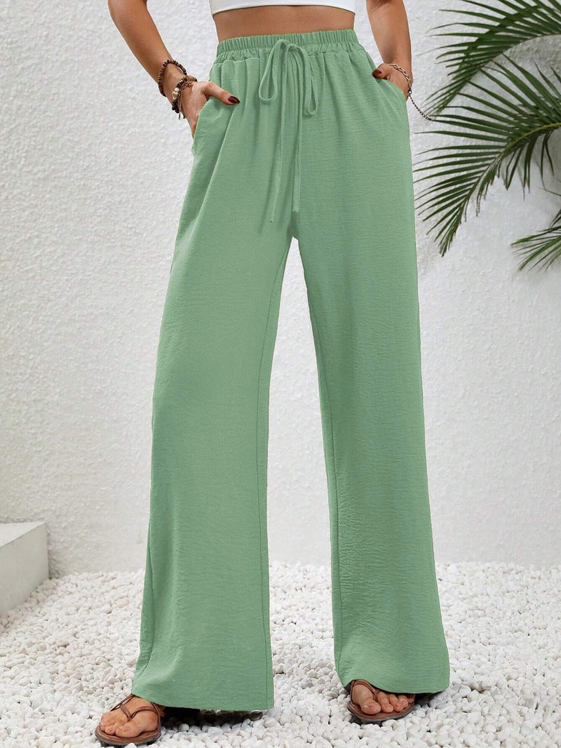 Pantalon palazzo d’été pour femme à taille haute – Modèle léger à jambes larges avec cordon de serrage et poches
