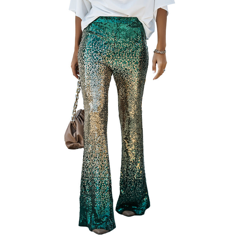 Pantalon femme taille haute à paillettes – Modèle évasé élégant et scintillant pour les fêtes