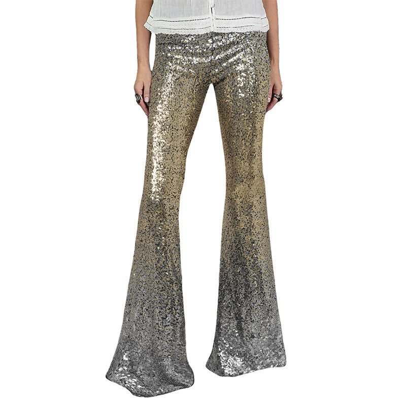 Pantalon femme taille haute à paillettes – Modèle évasé élégant et scintillant pour les fêtes